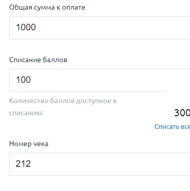 Поля суммы покупки, списания баллов и номера чека в UDS Кассир