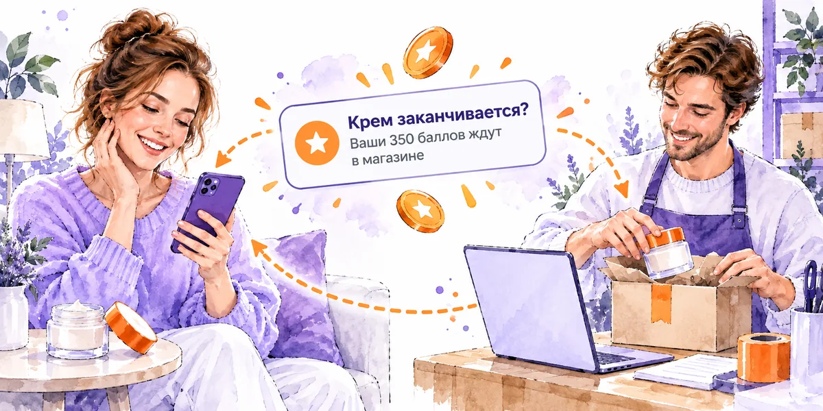 Покупательнице приходит push-уведомление о баллах, она повторно заказывает крем, продавец упаковывает заказ