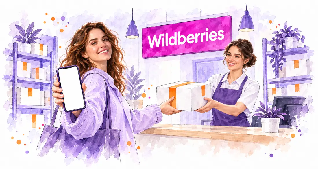 Покупательница забирает заказ из магазина селлера в пункте выдачи Wildberries